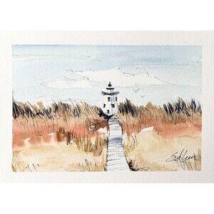 Original Watercolor + Ink New England Lighthouse Seascape HIGH NOON Signed 5x7